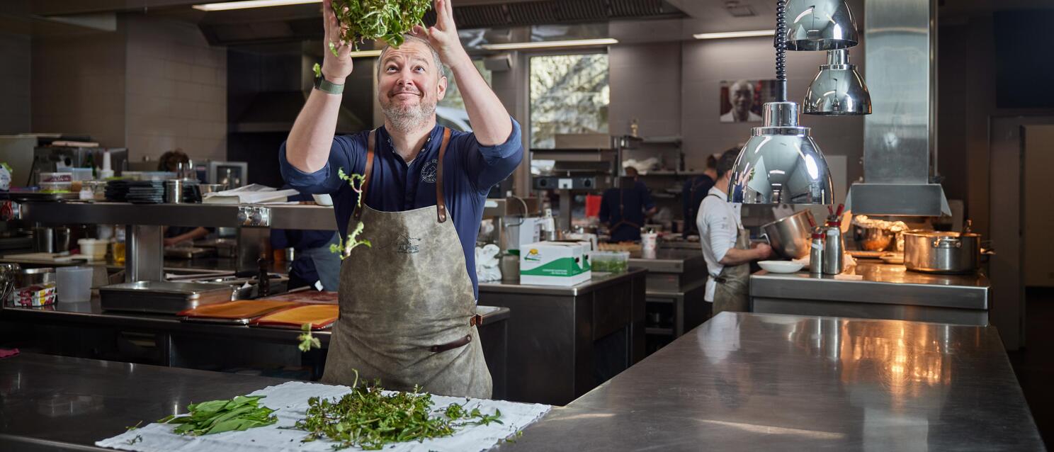 Chef in apron holding bundle of herbs over stainless steel counter in professional kitchen, other chefs in background.