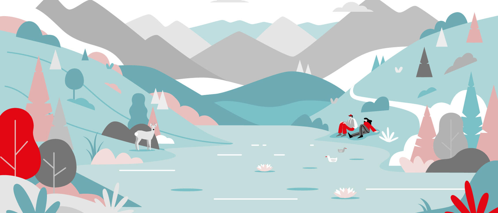 Illustration: two people sitting by a lake, white deer, mountains and colourful trees in background.