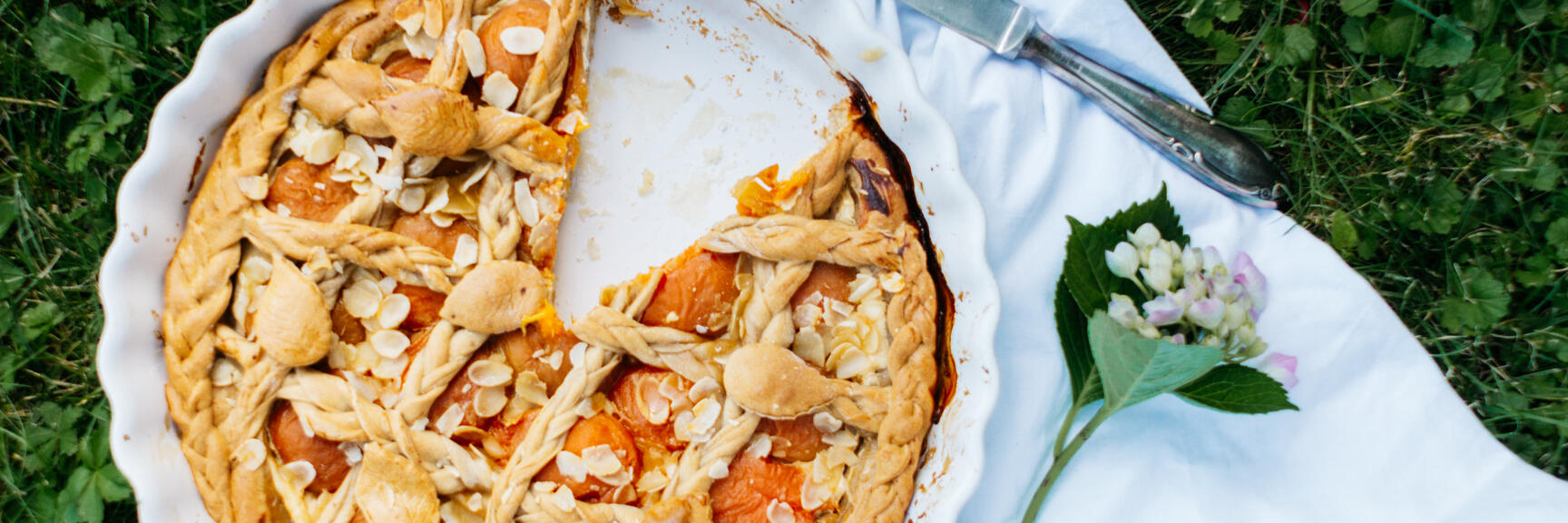 Apricot cake with sliced almonds in a white baking dish, one slice missing, on white cloth in grass.