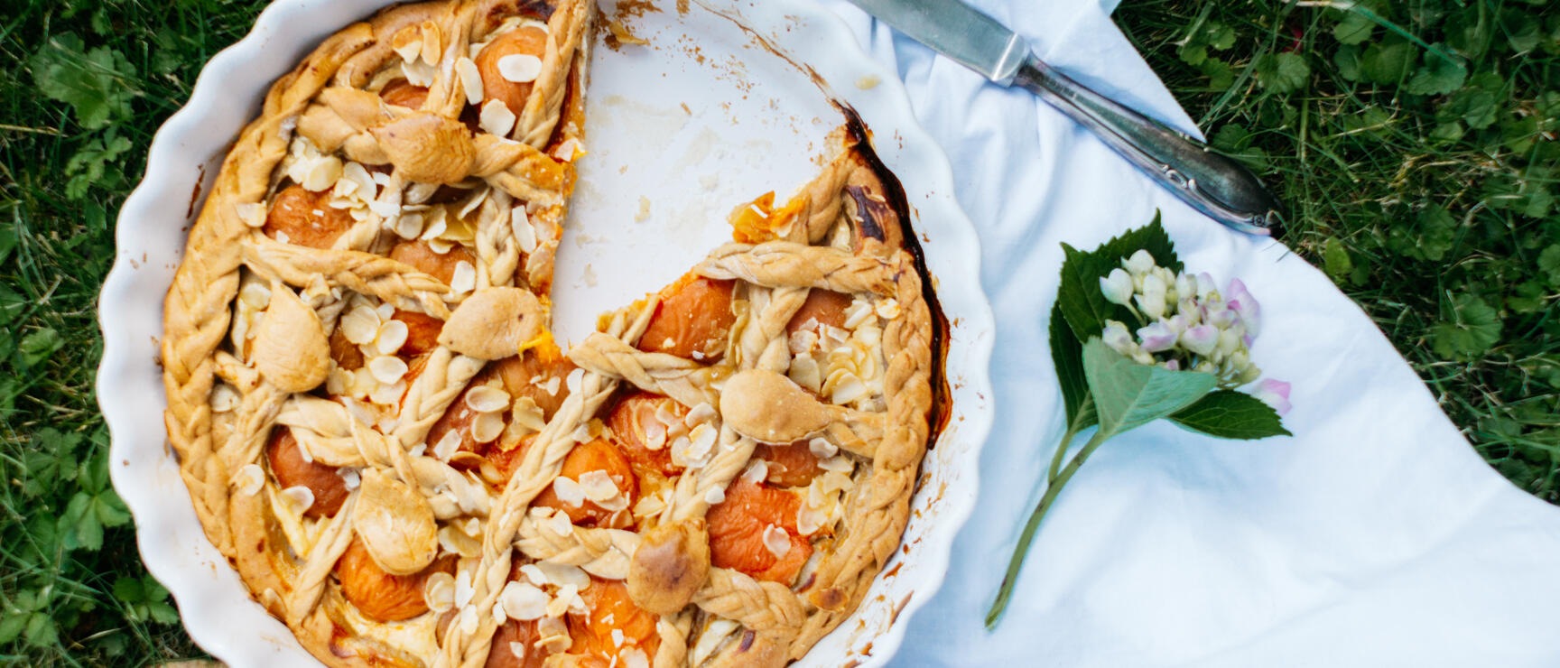 Apricot cake with sliced almonds in a white baking dish, one slice missing, on white cloth in grass.