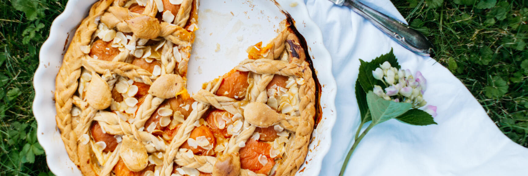 Apricot cake with sliced almonds in a white baking dish, one slice missing, on white cloth in grass.