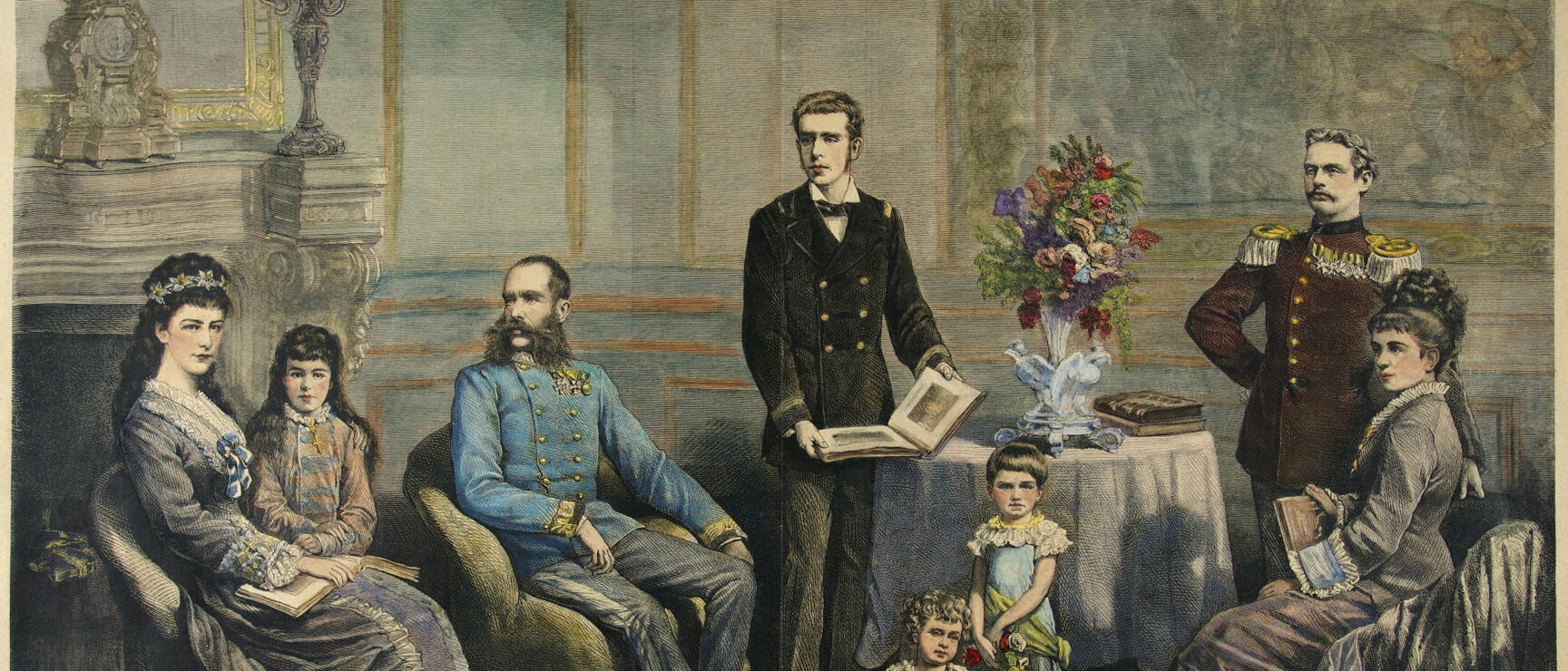 Colored engraving: Group of elegantly dressed people in Victorian salon, two men in uniform, two children.