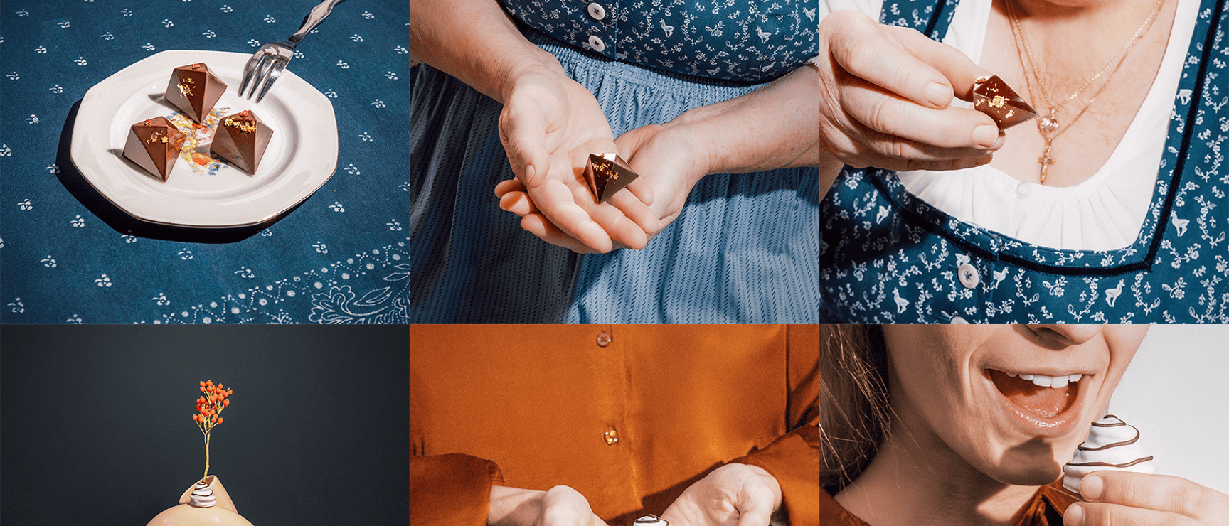 Six images: chocolate pralines on a plate, hands in traditional dress holding pralines, donut sculpture with forks.