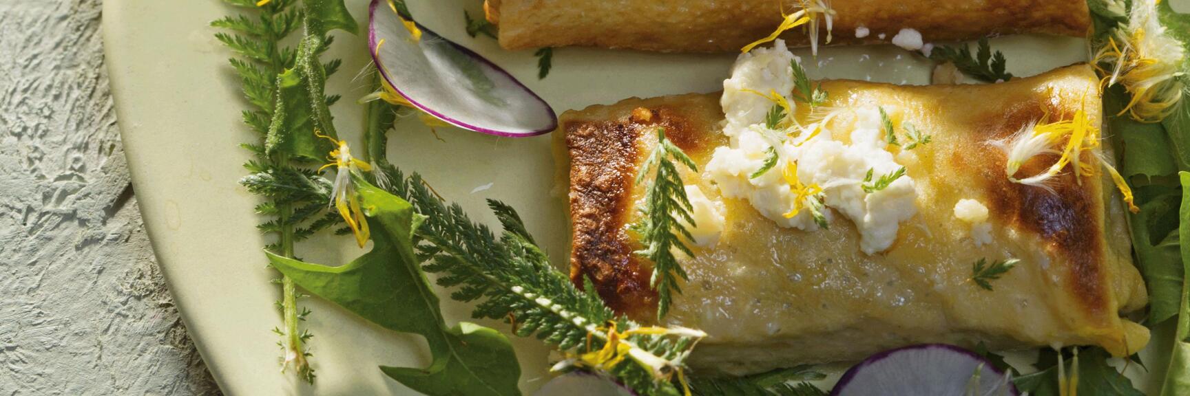 Two filled, fried palatschinken with cream cheese on plate with wild herbs, radish slices and yellow flowers.