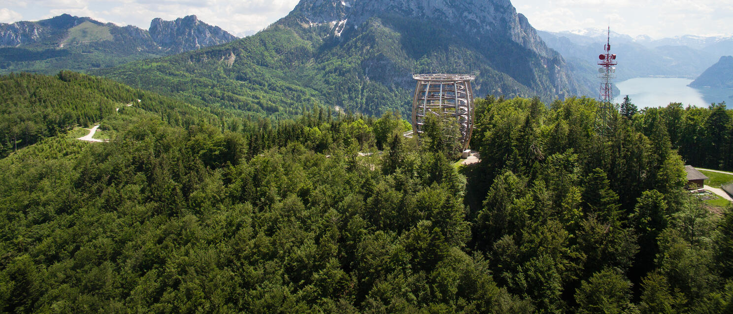Wooden viewing tower in the forest, Traunstein mountain and Traunsee lake behind, Salzkammergut region.