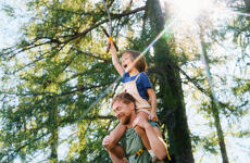 Child sitting on man's shoulders in forest, holding stick high, sunlight through tree canopy.