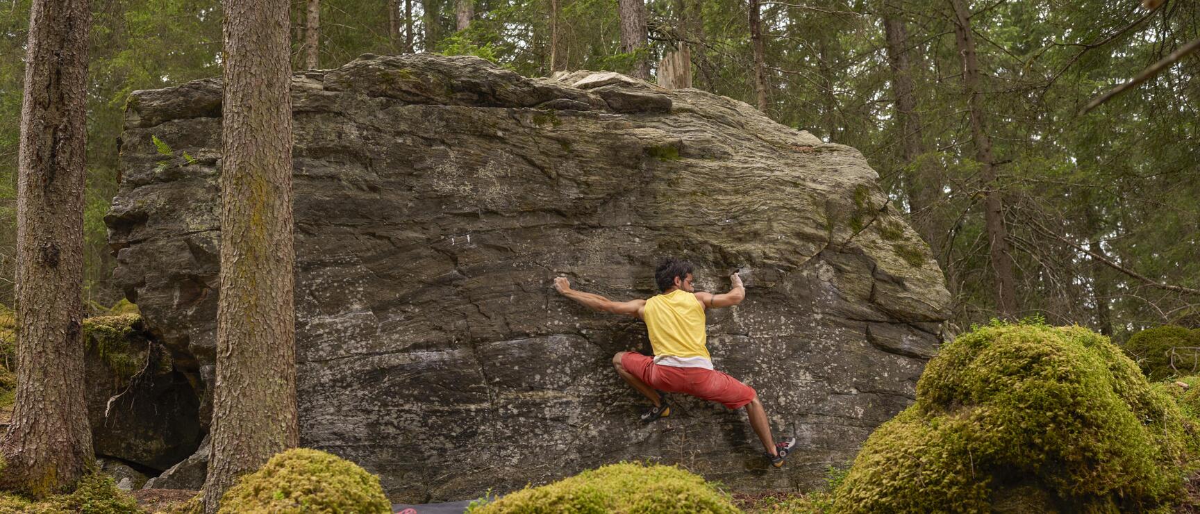 Man in yellow shirt climbing on a large rock boulder in a moss-covered forest.
