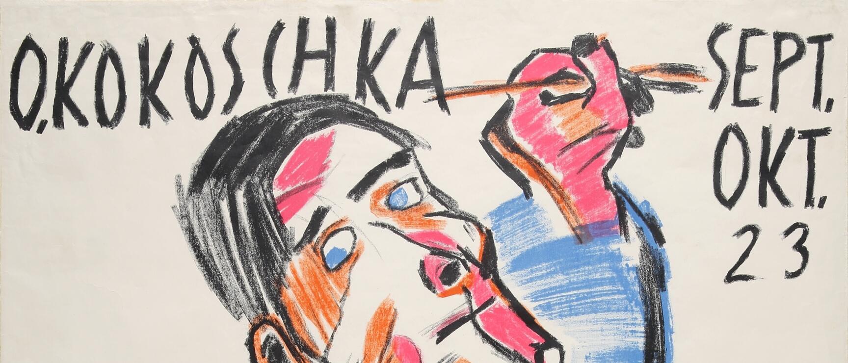 Exhibition poster O. Kokoschka, expressionist figure in blue and red, Kunstsalon Wolfsberg Zurich, Sept./Oct. 23.