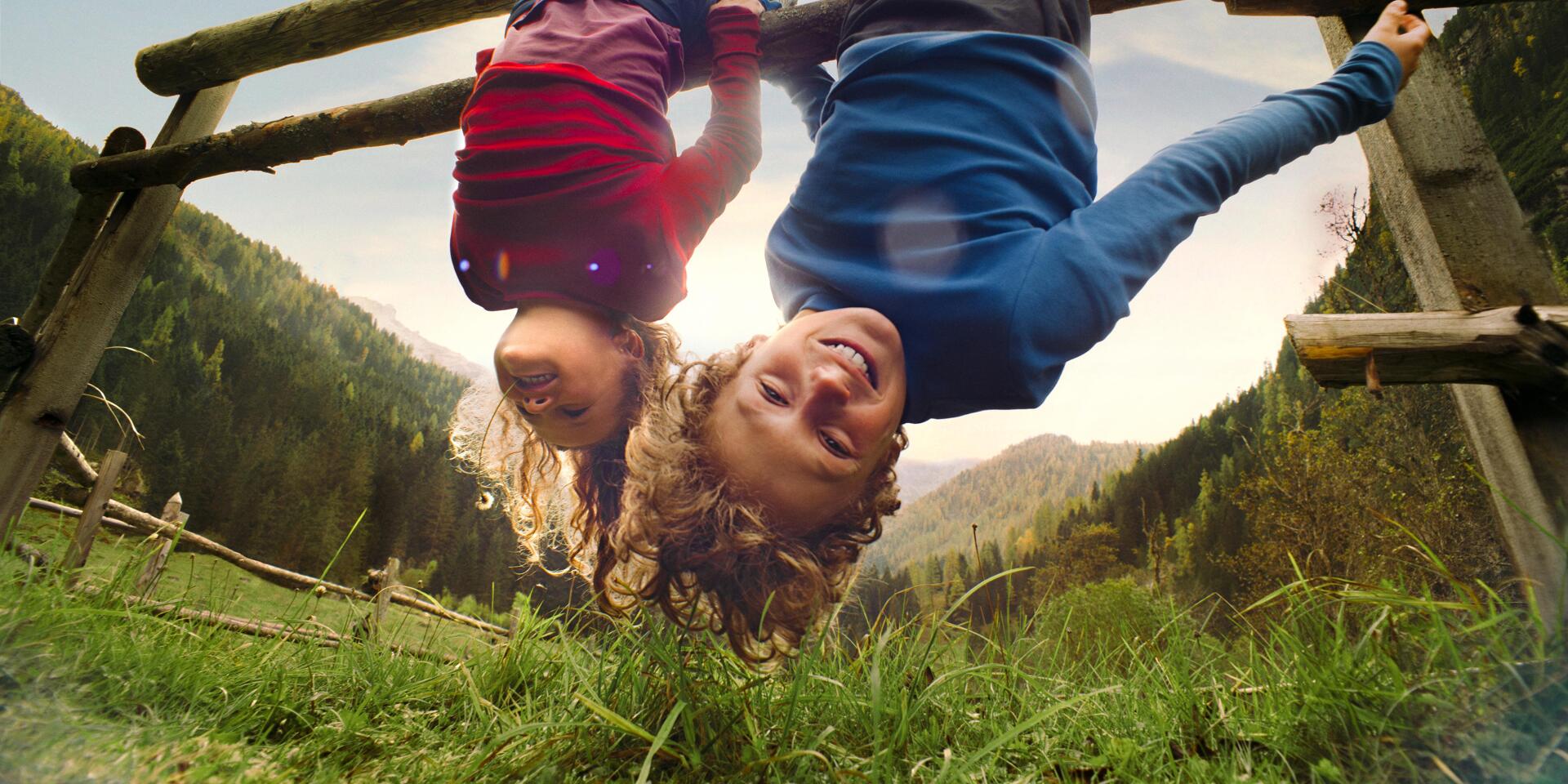 Two children hanging upside down laughing on a wooden fence, green alpine meadow and mountain forest in background.