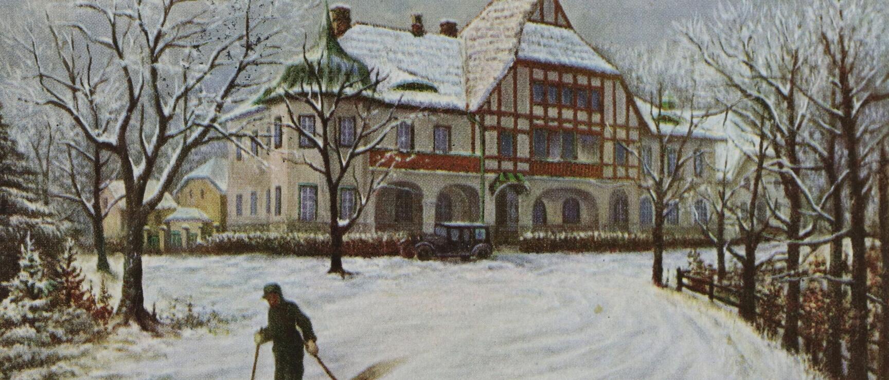 Painting: Skier in front of snow-covered half-timbered building with bare trees, cloudy winter sky.