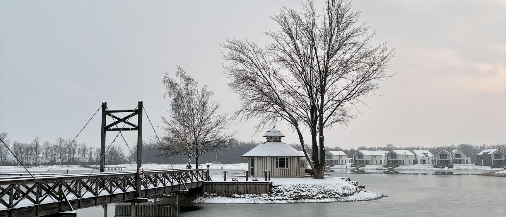 Wooden jetty leading to snow-covered island with pavilion and bare trees on calm lake, houses in background.