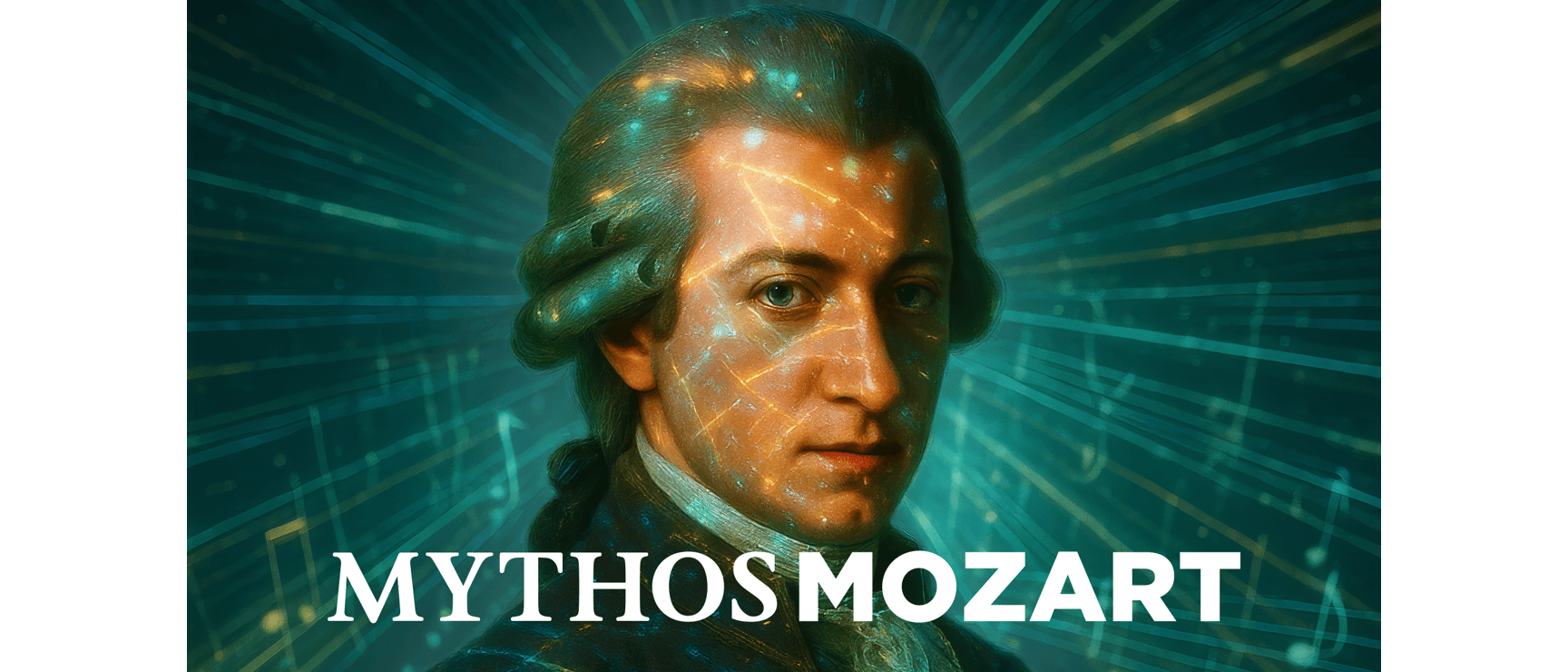 Digital illustration of Mozart's portrait with glowing lines and "Mythos Mozart" text.