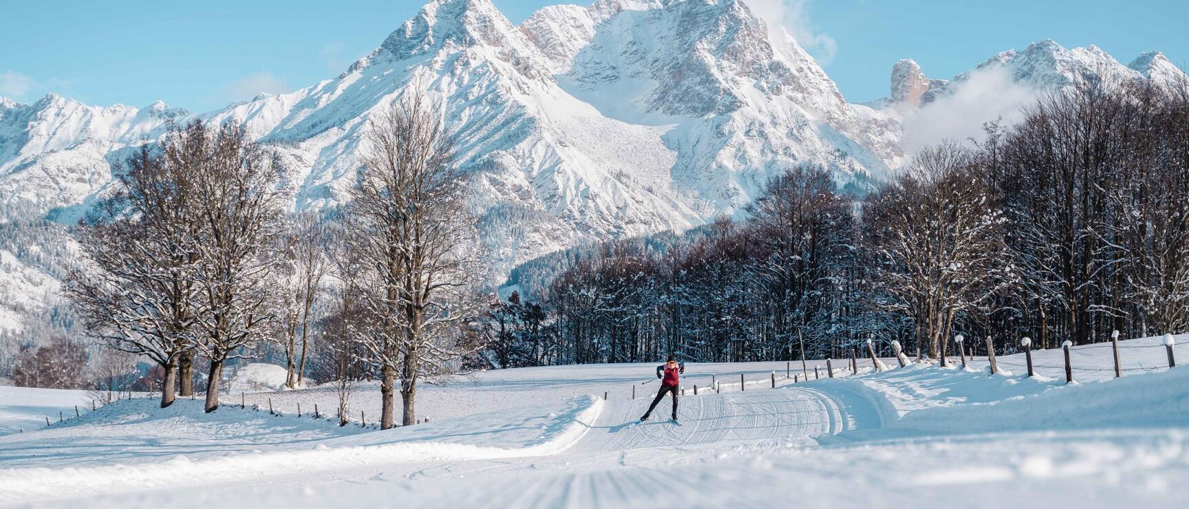 Langläufer auf präparierter Loipe, schneebedeckte Bergkette und kahle Bäume im Hintergrund.