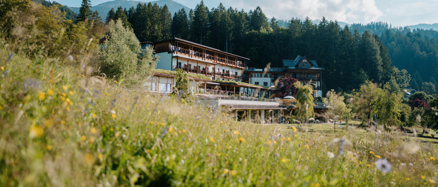 Multi-story hotel with balconies, surrounded by flower meadow, coniferous forest and mountains in the background.