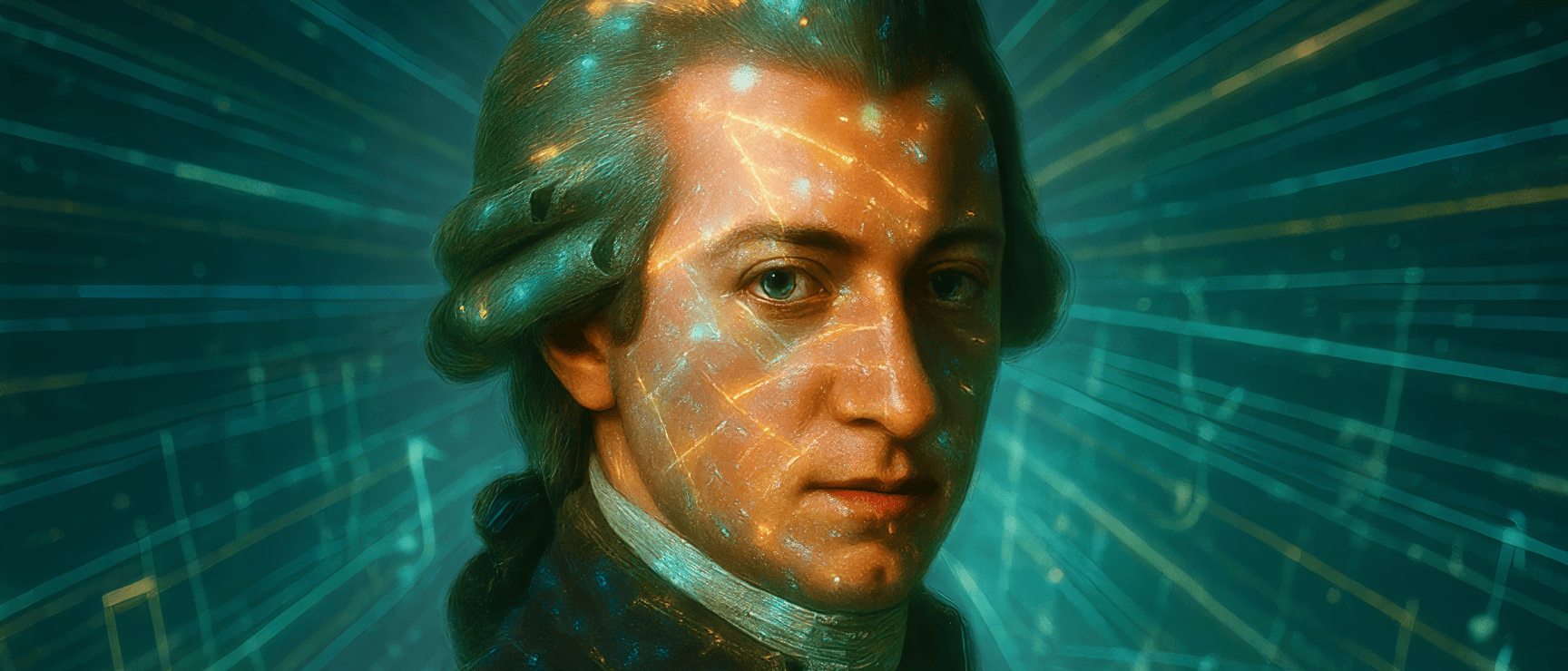 Digital portrait of a historical figure wearing a wig, overlaid with glowing musical notes on turquoise background.