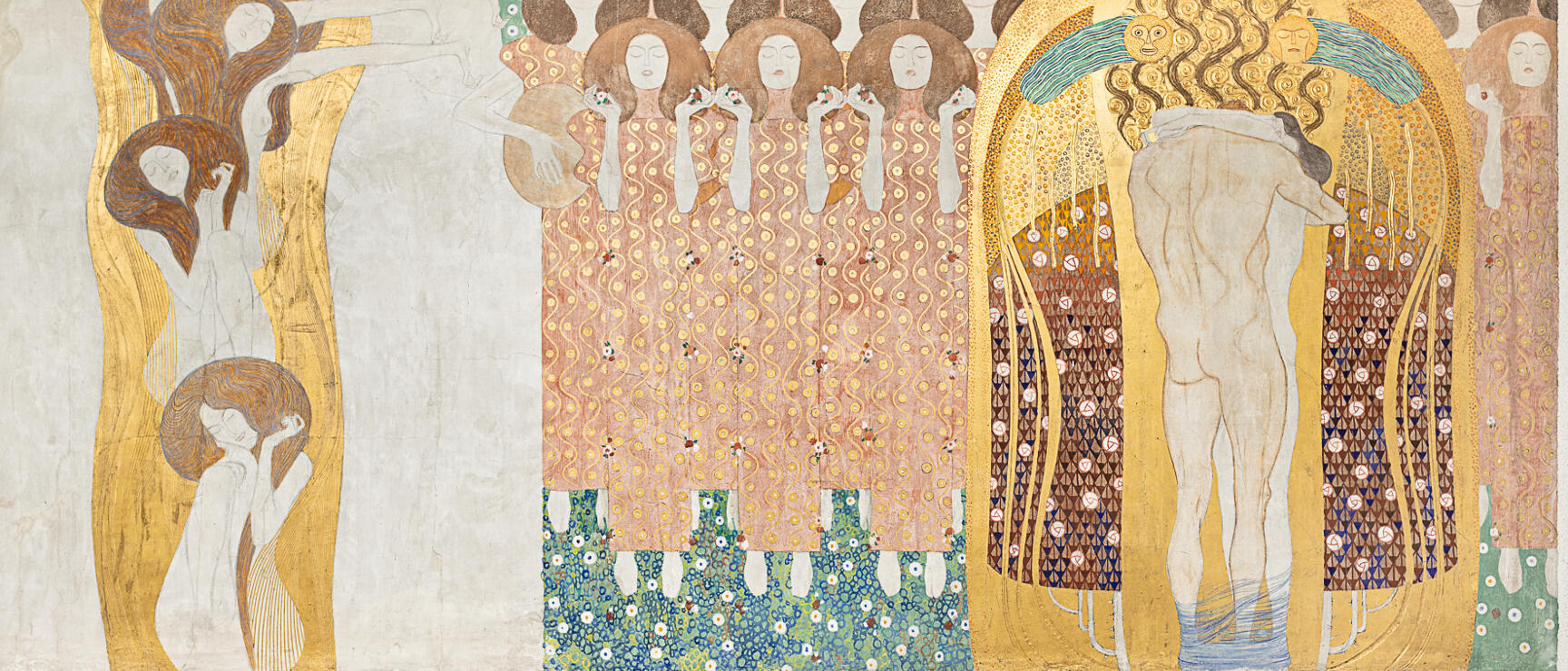 Klimt's Beethoven Frieze: figures in gold and ornamentation on a wall surface, Vienna Secession.