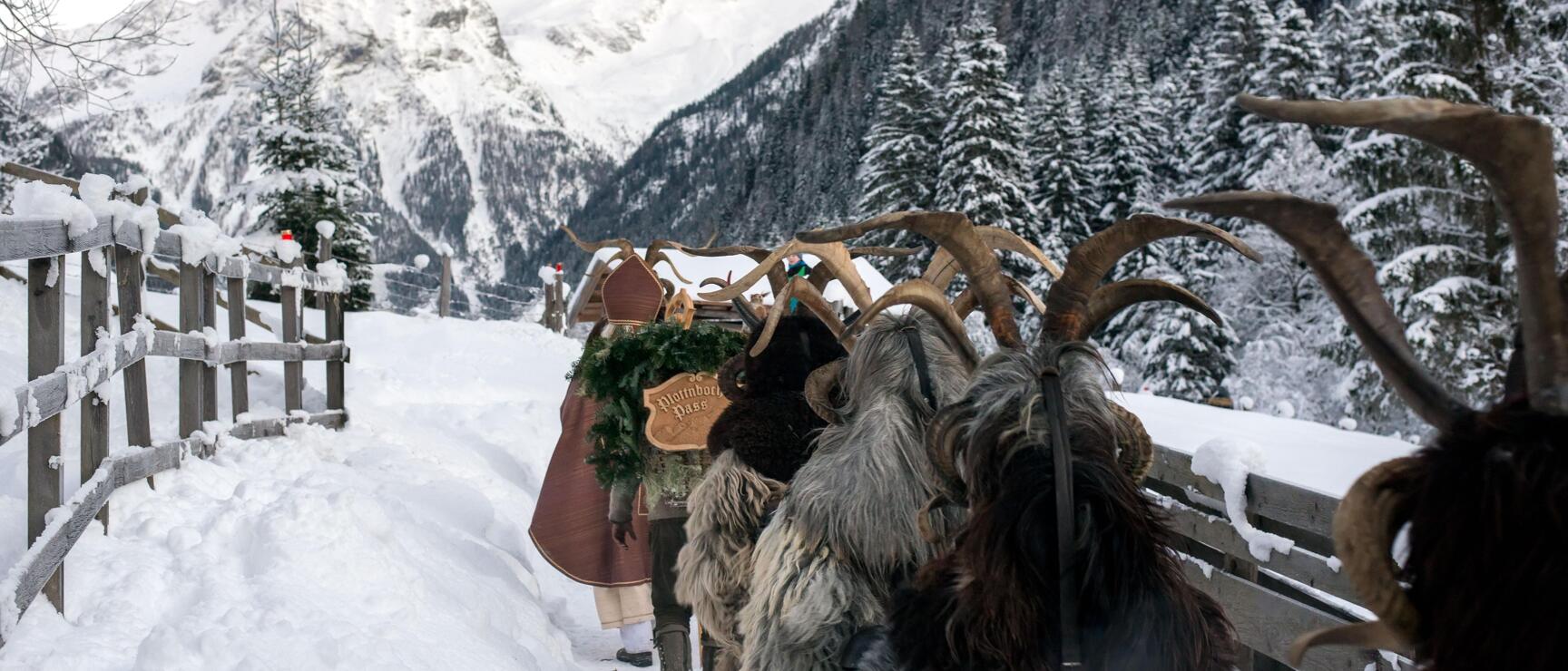Krampusumzug auf verschneitem Weg im Gebirge, Nikolaus und Krampusse mit Hörnern und Fellkostümen.