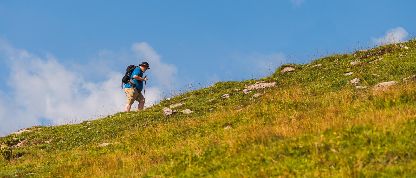 Hiker with backpack and poles climbing a steep grassy slope with rocks beneath blue sky.