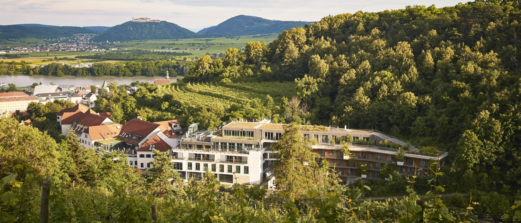 Modernes Hotel inmitten von Weinreben und Wäldern, Donau und Burg im Hintergrund, Wachau.