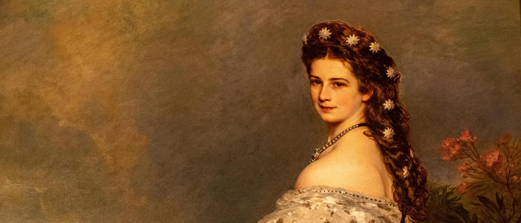 Historical painting: Woman in white ball gown with stars in her hair, holding a fan, pink flowers in background.