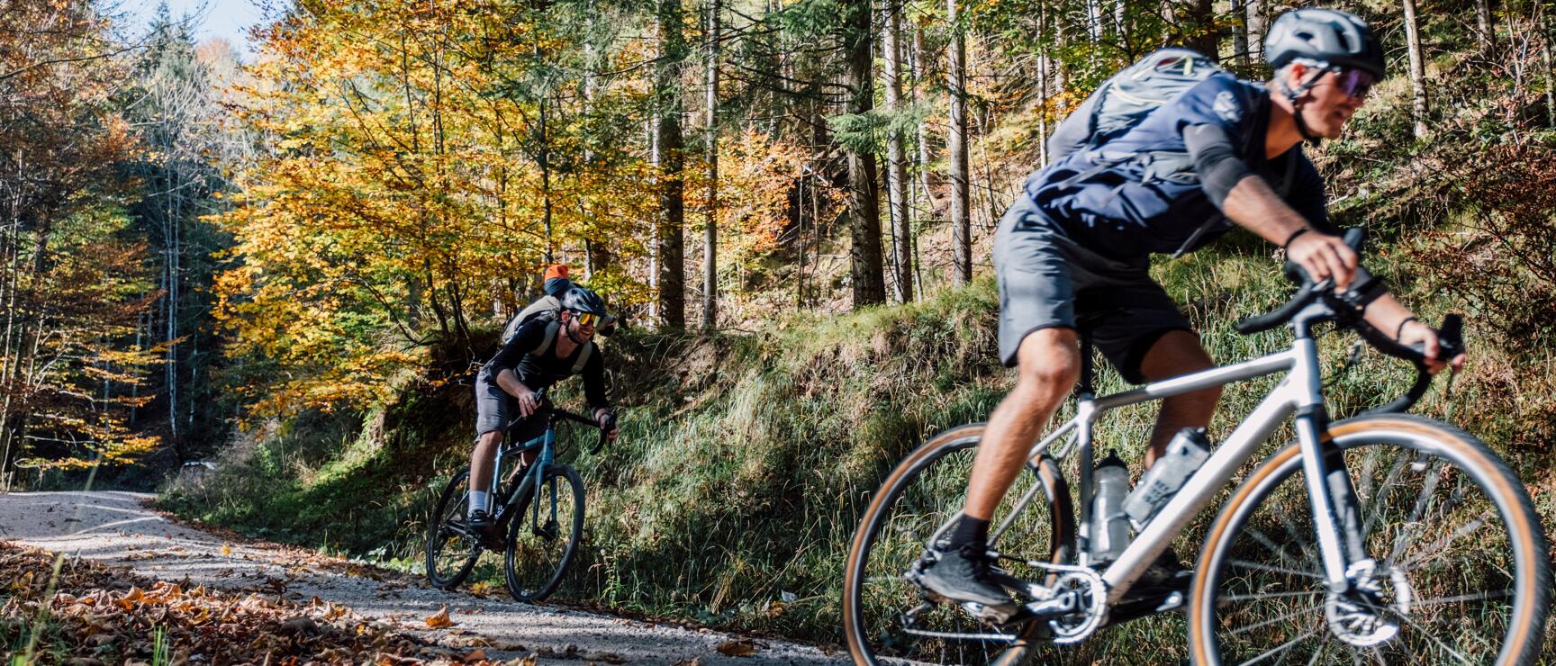 Two cyclists wearing helmets on a gravel path through autumn forest with fallen leaves on the ground.