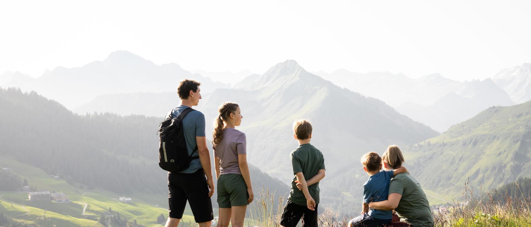 Five people on an alpine meadow gazing at an expansive mountain landscape with green slopes.