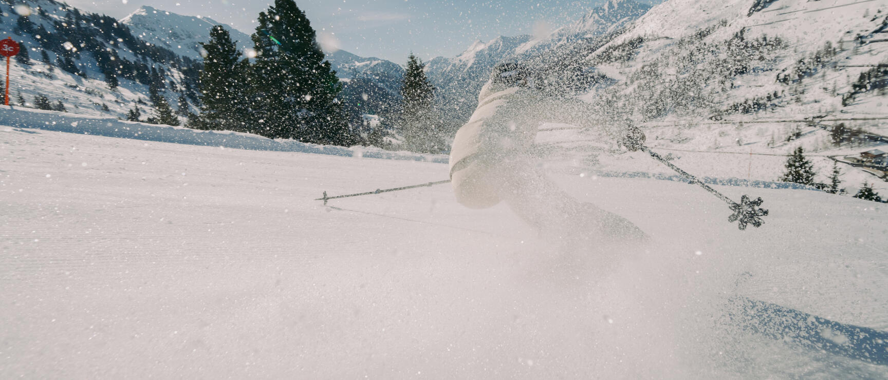Skier turning with powder snow spraying, snow-covered mountains and pine trees in the background.