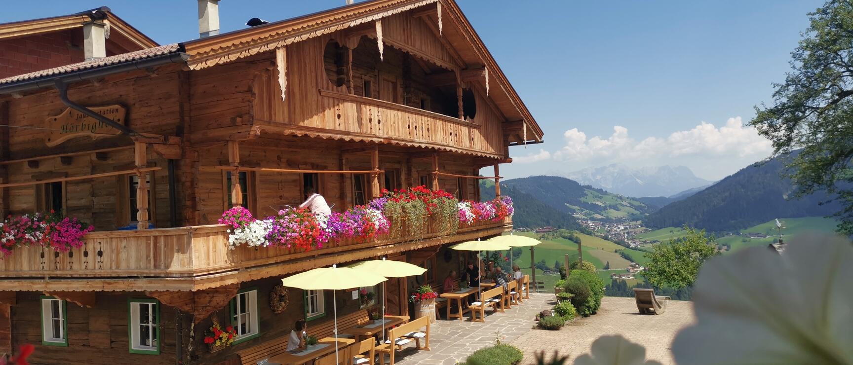Holzalm mit Blumenbalkon und Sonnenschirm-Terrasse, dahinter grünes Alpental mit Bergen.