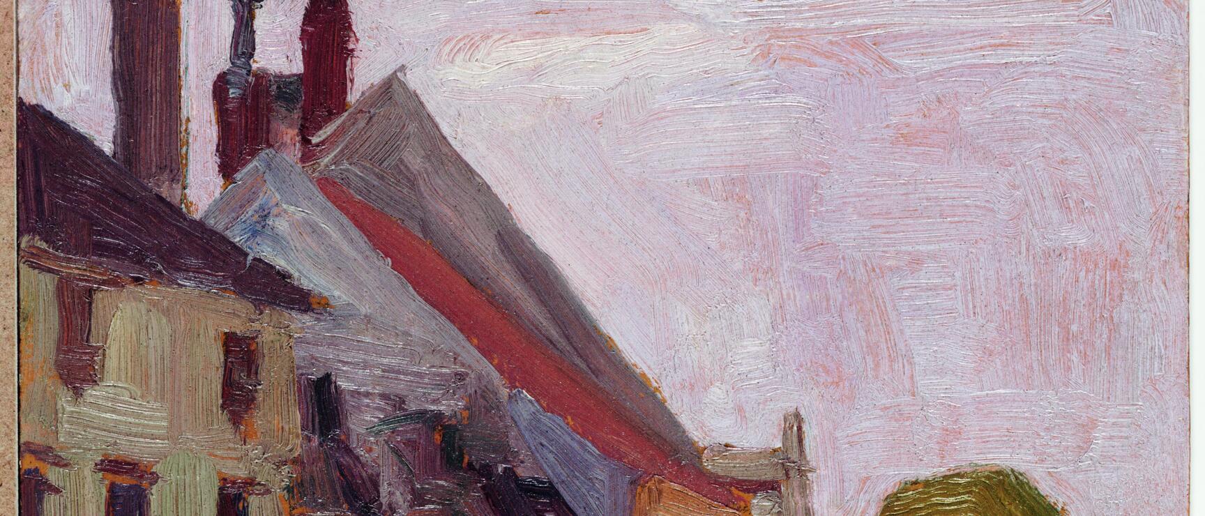 Impressionist oil painting: row of houses with red roofs, chimneys and green tree against pink sky.