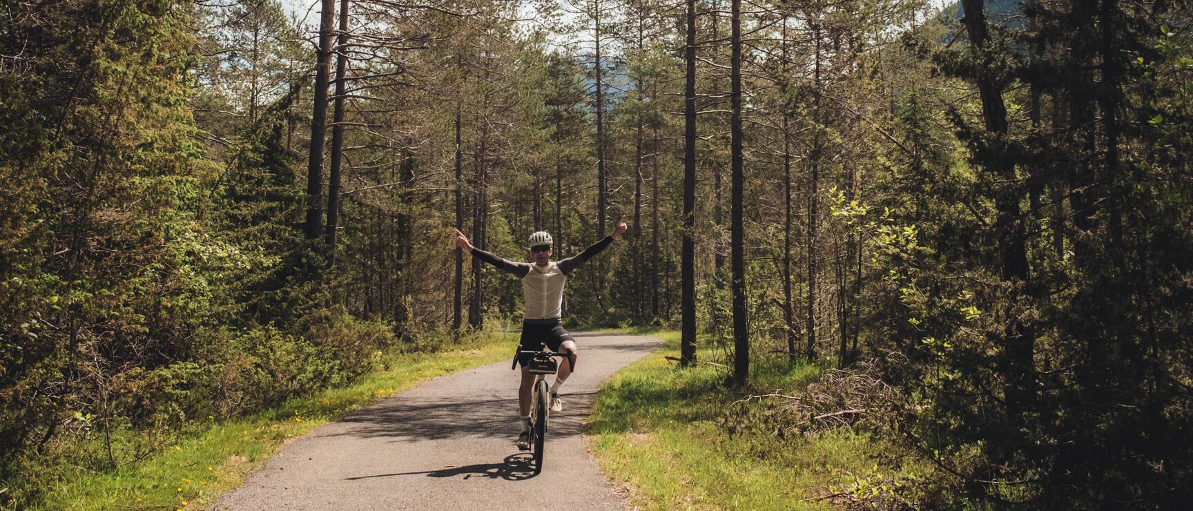 Radfahrer mit Helm und erhobenen Armen auf einem Waldweg, hohe Kiefern beidseitig, Berge im Hintergrund.