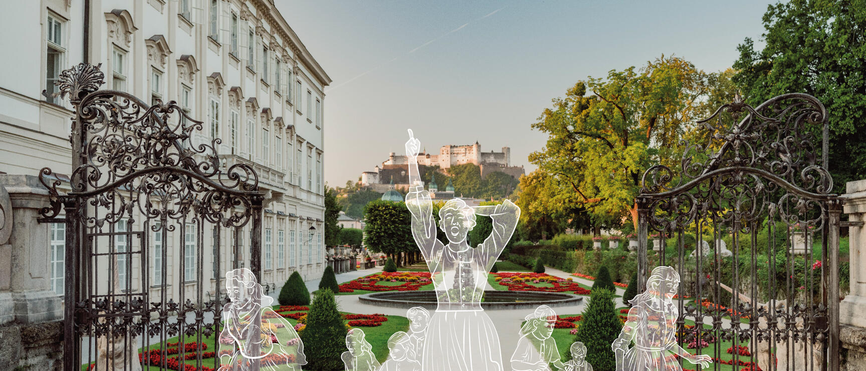 Mirabell Garden Salzburg with castle and fortress, overlaid with white illustrations of a woman with children.