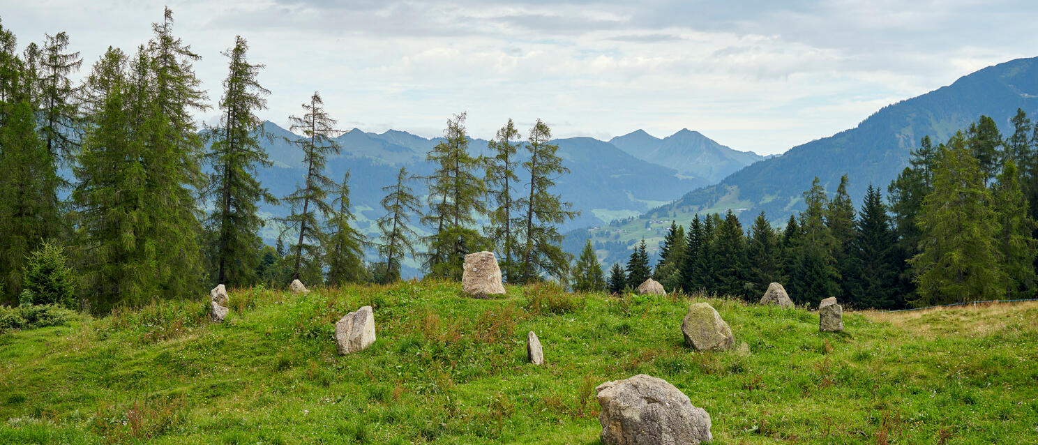 Stone circle on green alpine meadow with coniferous trees and mountain panorama in the background, cloudy sky.