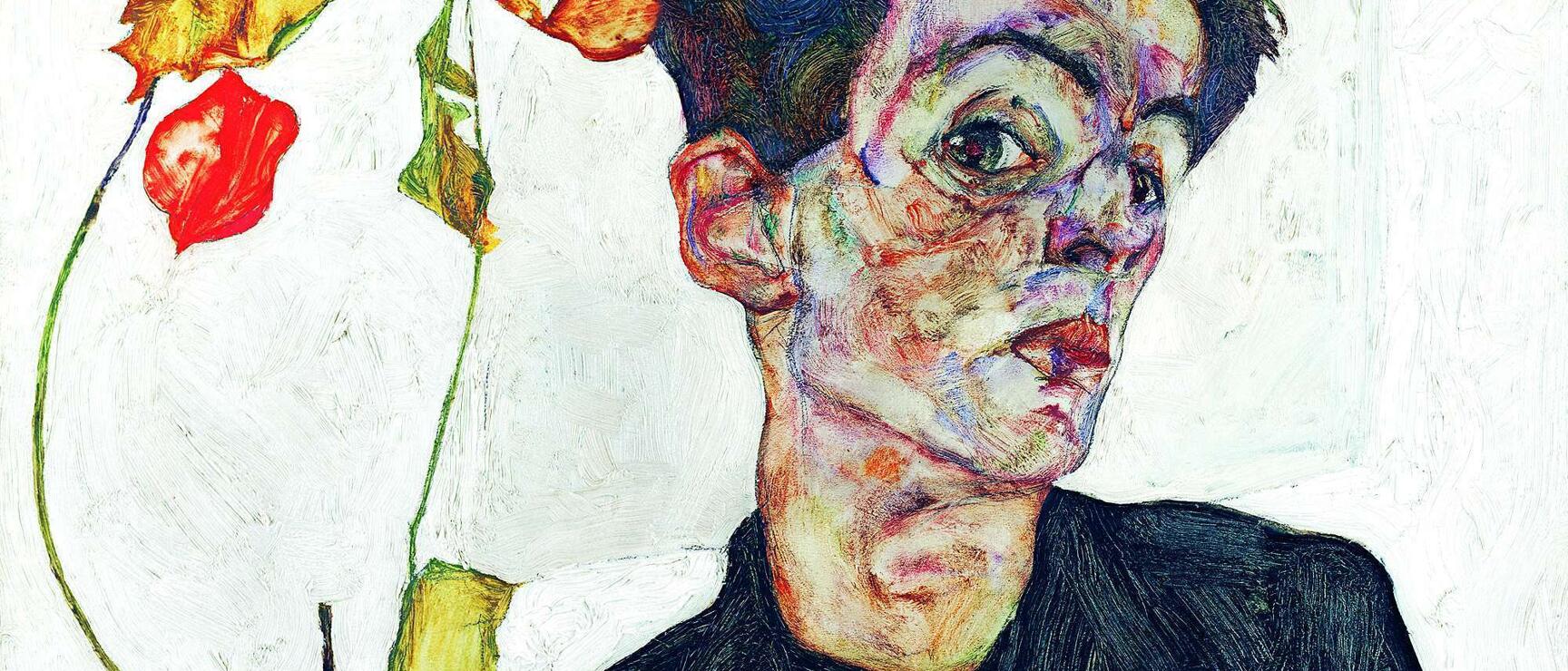 Painting: Self-portrait with lantern flowers by Egon Schiele, 1912, man in dark shirt.