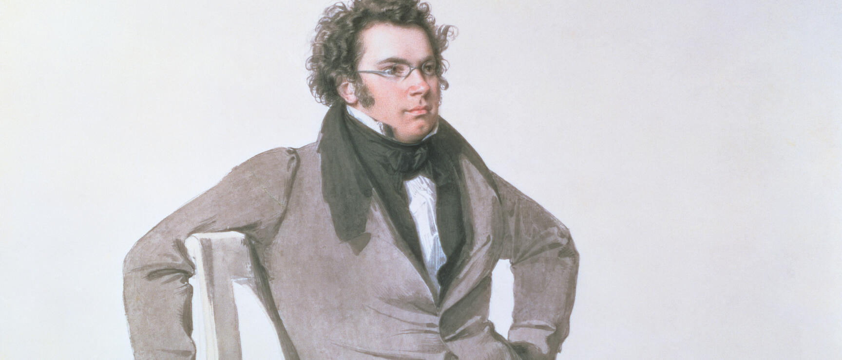 Historical painting: young man with glasses and dark neckcloth, sitting on chair, grey frock coat.