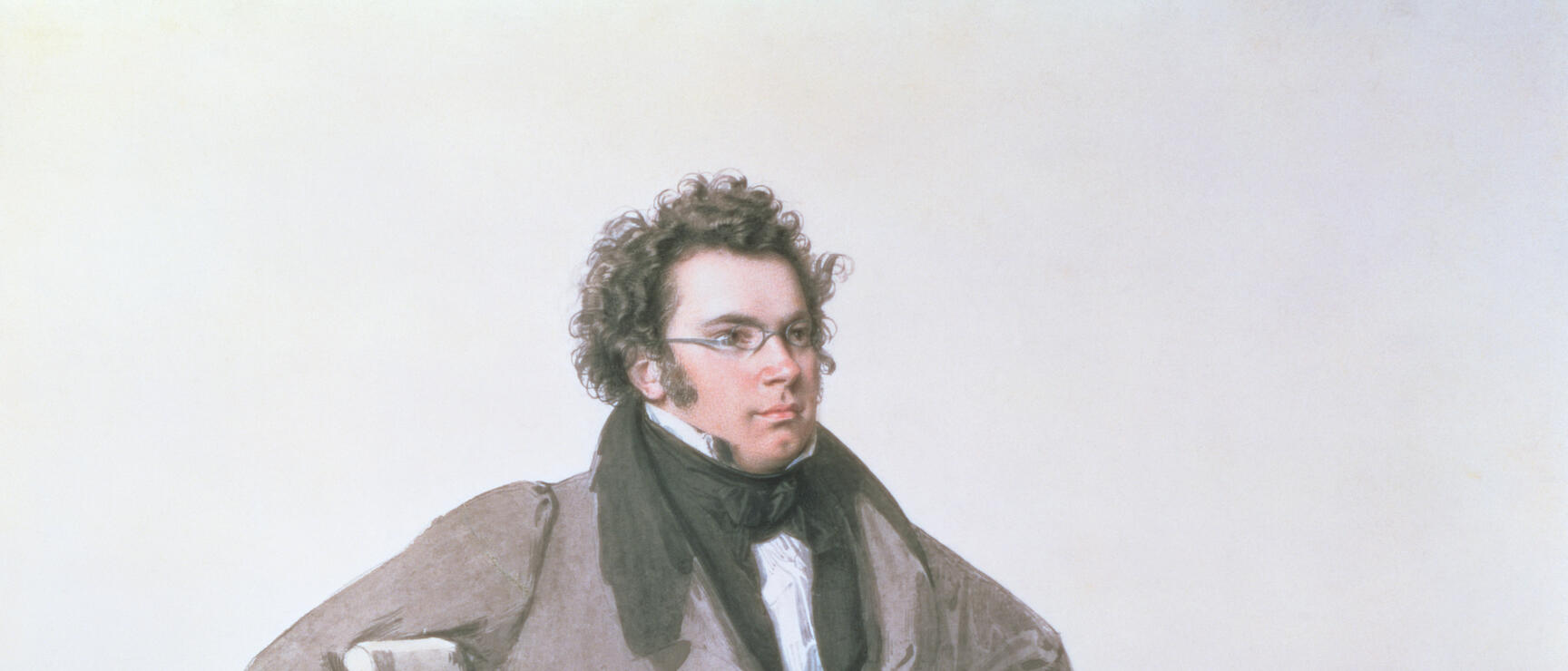 Historical painting: young man with glasses and dark neckcloth, sitting on chair, grey frock coat.
