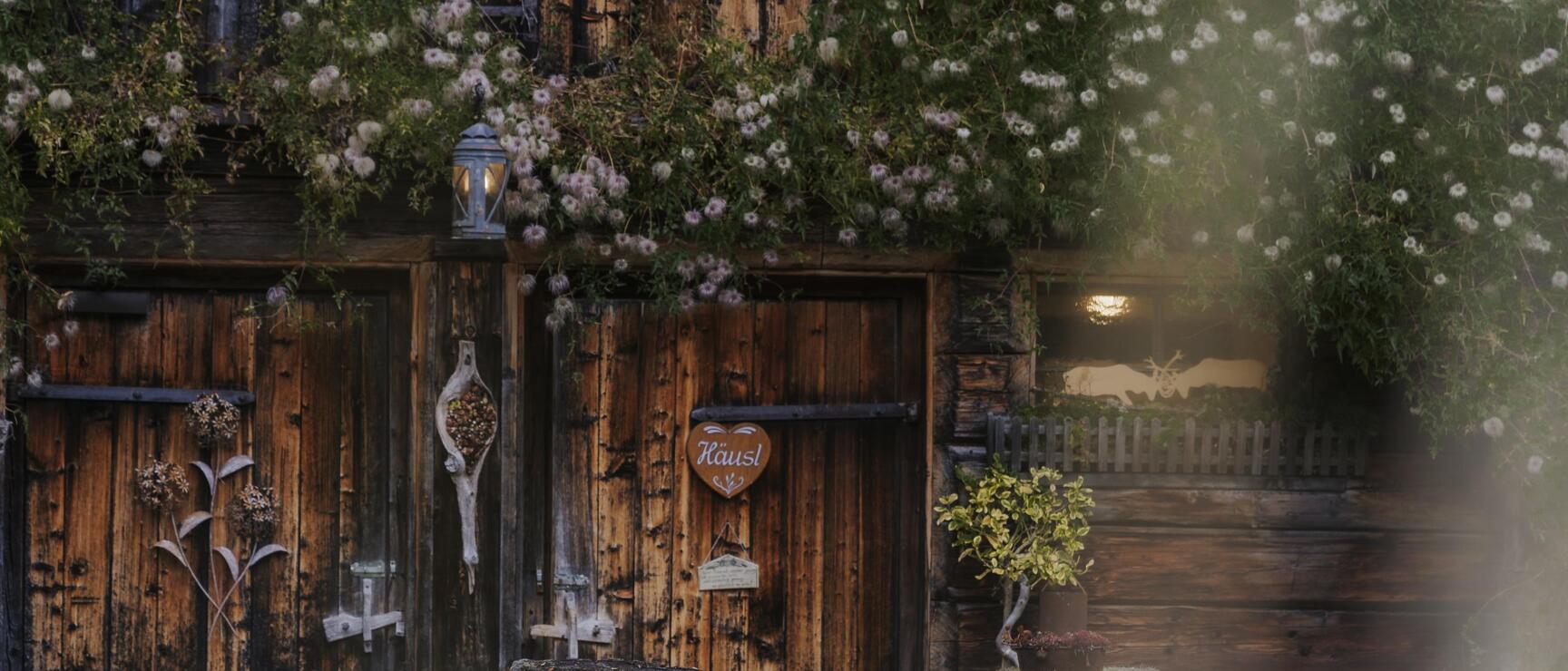 Rustic wooden cottage with flowering vines, two white chairs on tree stumps, heart-shaped sign on facade.