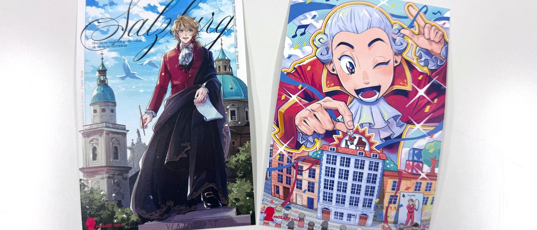 Two manga postcards with Mozart motif and Salzburg lettering on white background.