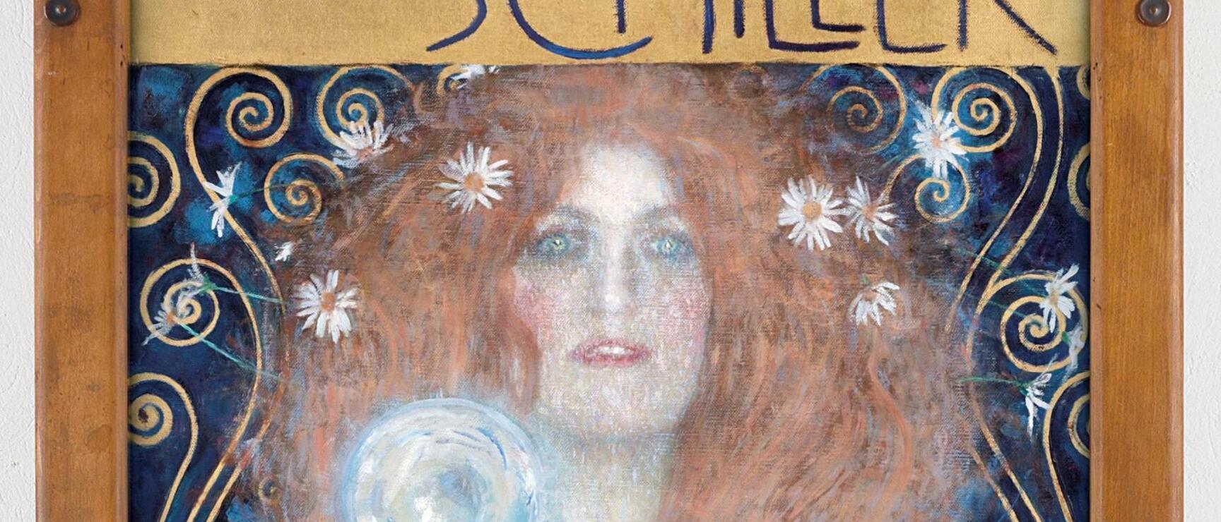 Klimt painting: naked woman with red hair, mirror, flowers; Schiller quote above, Art Nouveau frame.