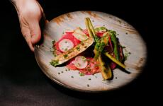 Tattooed hand holds plate with grilled courgette, radishes, spring onions and herb oil.