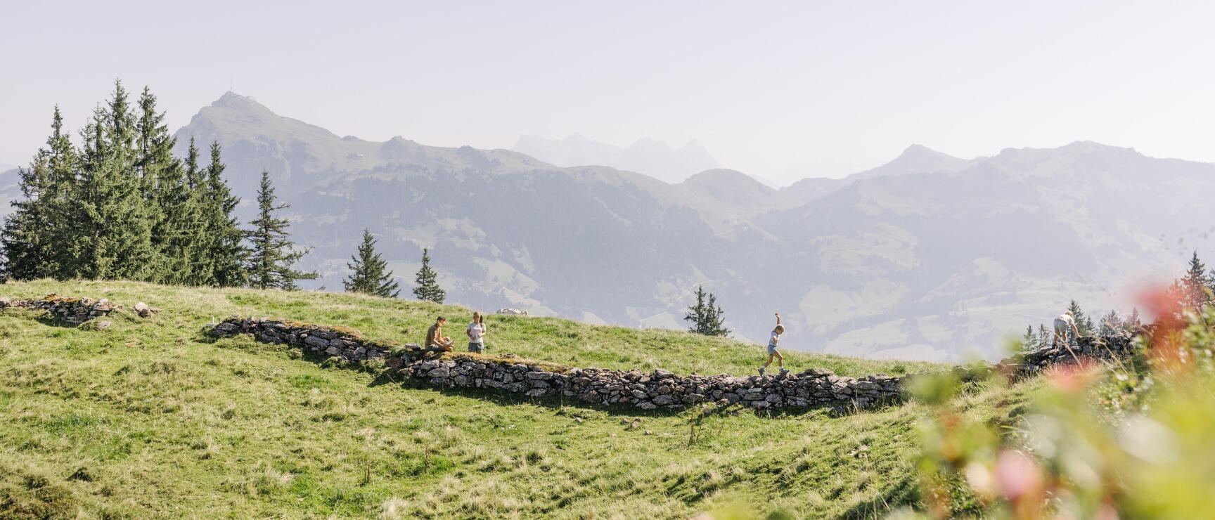 People and child at a dry stone wall on green alpine meadow with mountain panorama in background.