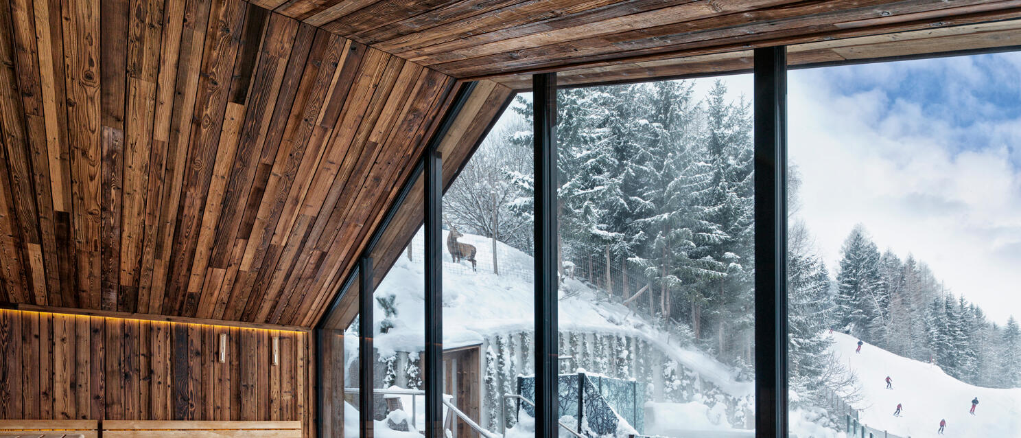 Sauna with wooden benches and sauna stove, panoramic window overlooking snow-covered ski slope and forest.