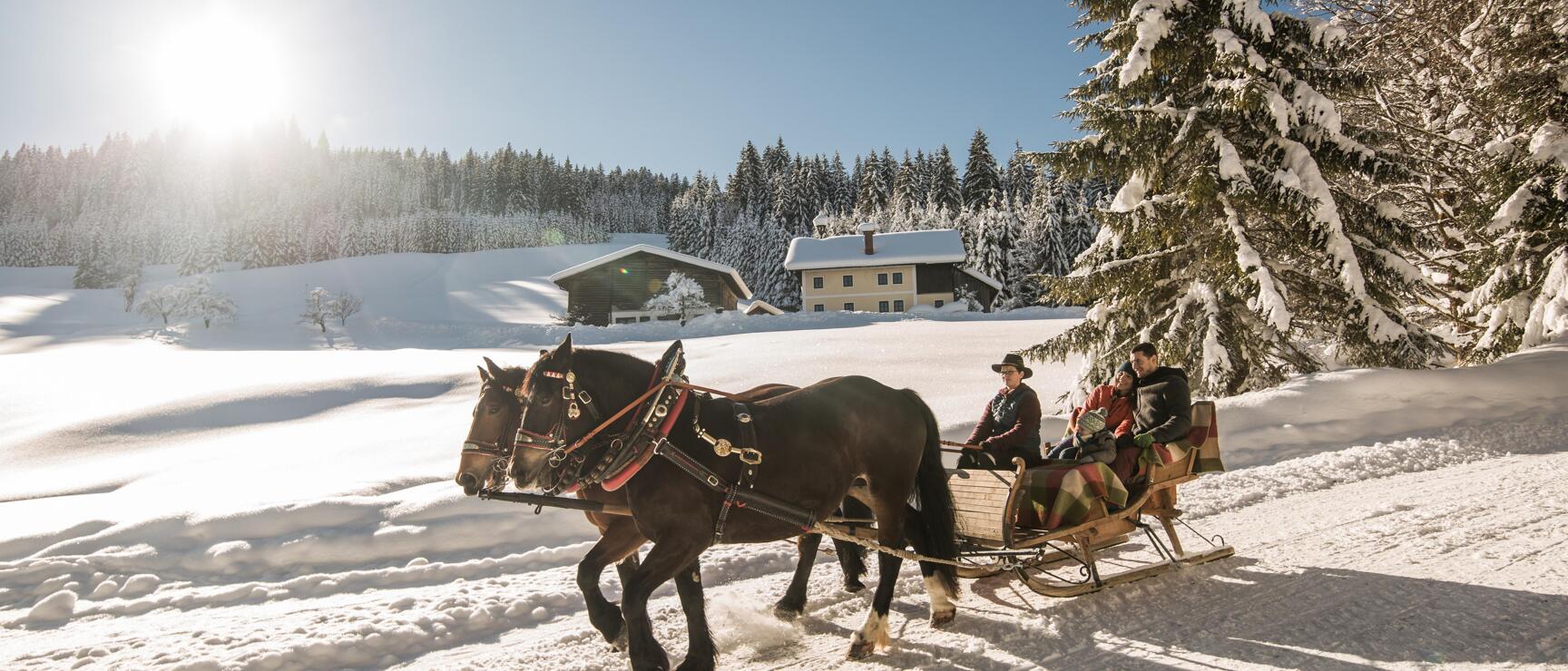 Horse-drawn sleigh with three people on snowy landscape, farmhouses and snow-covered firs in background.