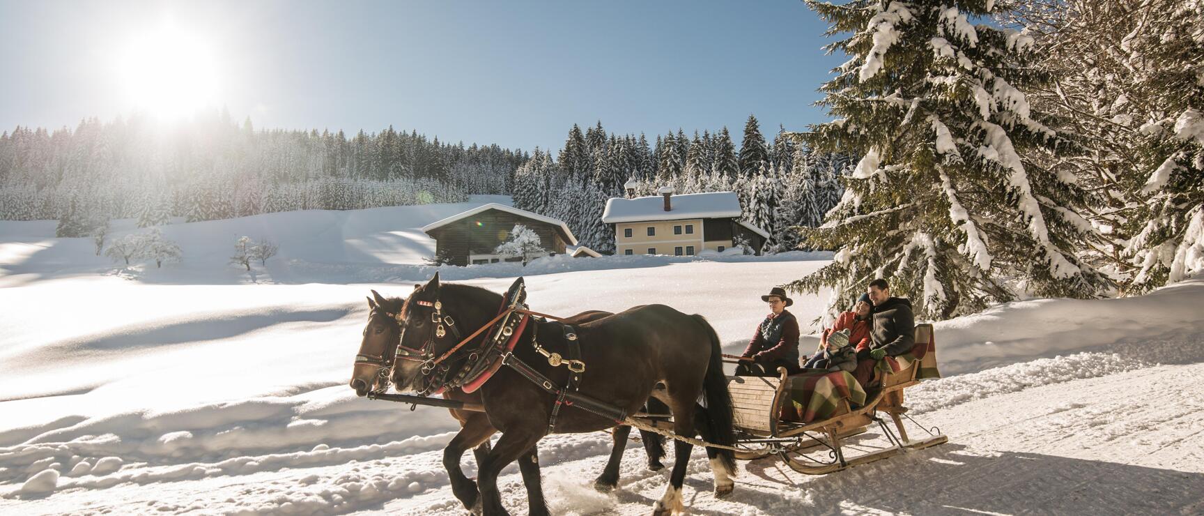 Horse-drawn sleigh with three people on snowy landscape, farmhouses and snow-covered firs in background.