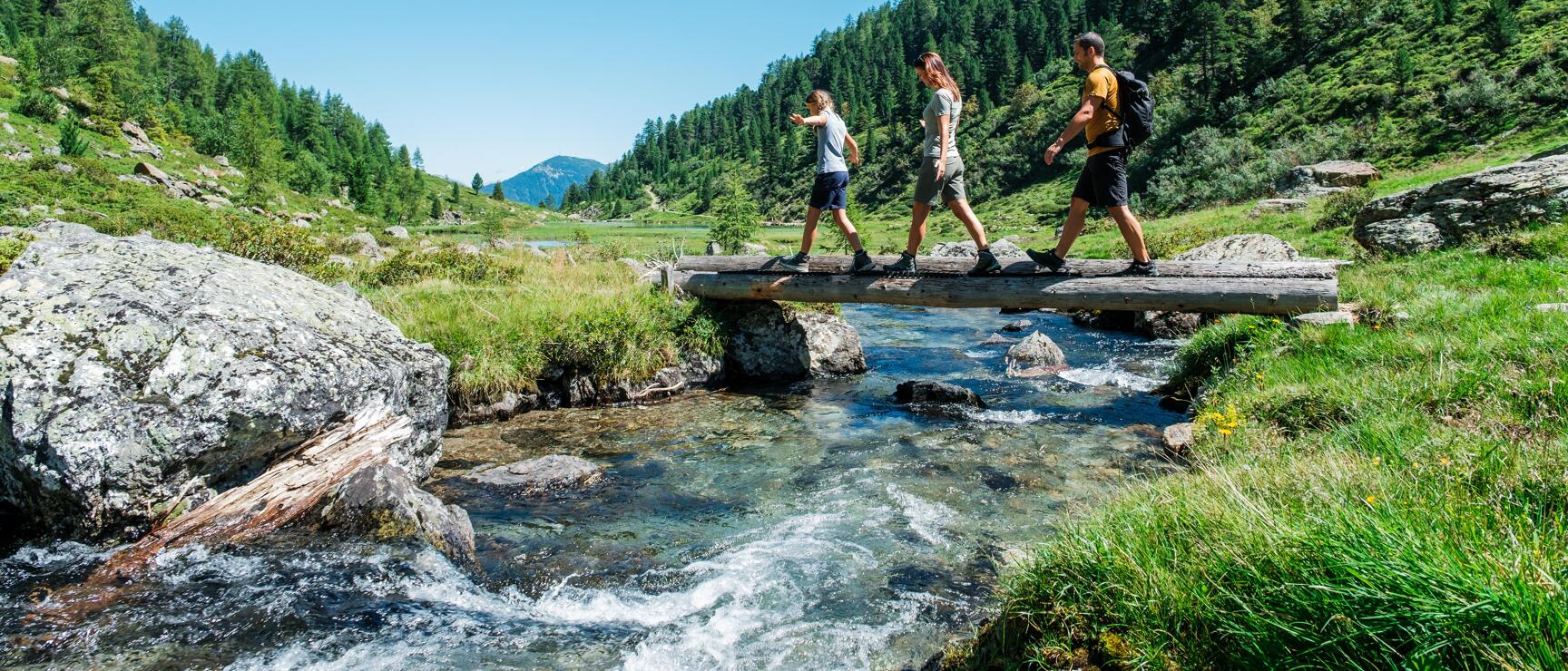 Three hikers crossing a mountain stream on a wooden footbridge, coniferous forest and blue sky in the background.
