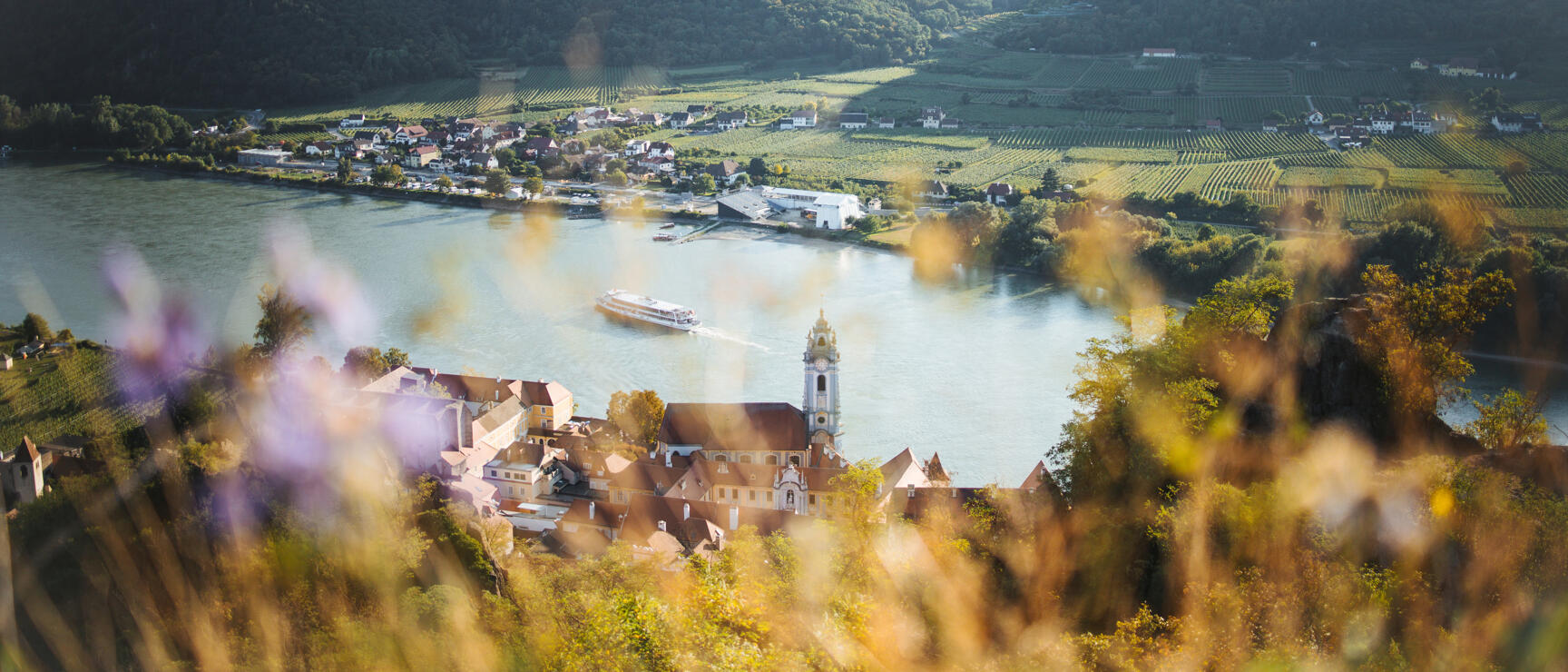 View of Dürnstein with church tower, Danube with ship, vineyards and forested hills of the Wachau.