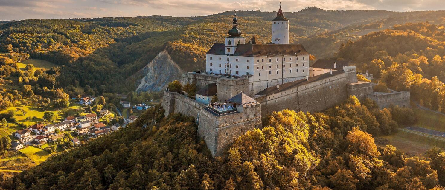 Aerial view of Forchtenstein Castle on a forested hill, white castle building with tower, village in the background.