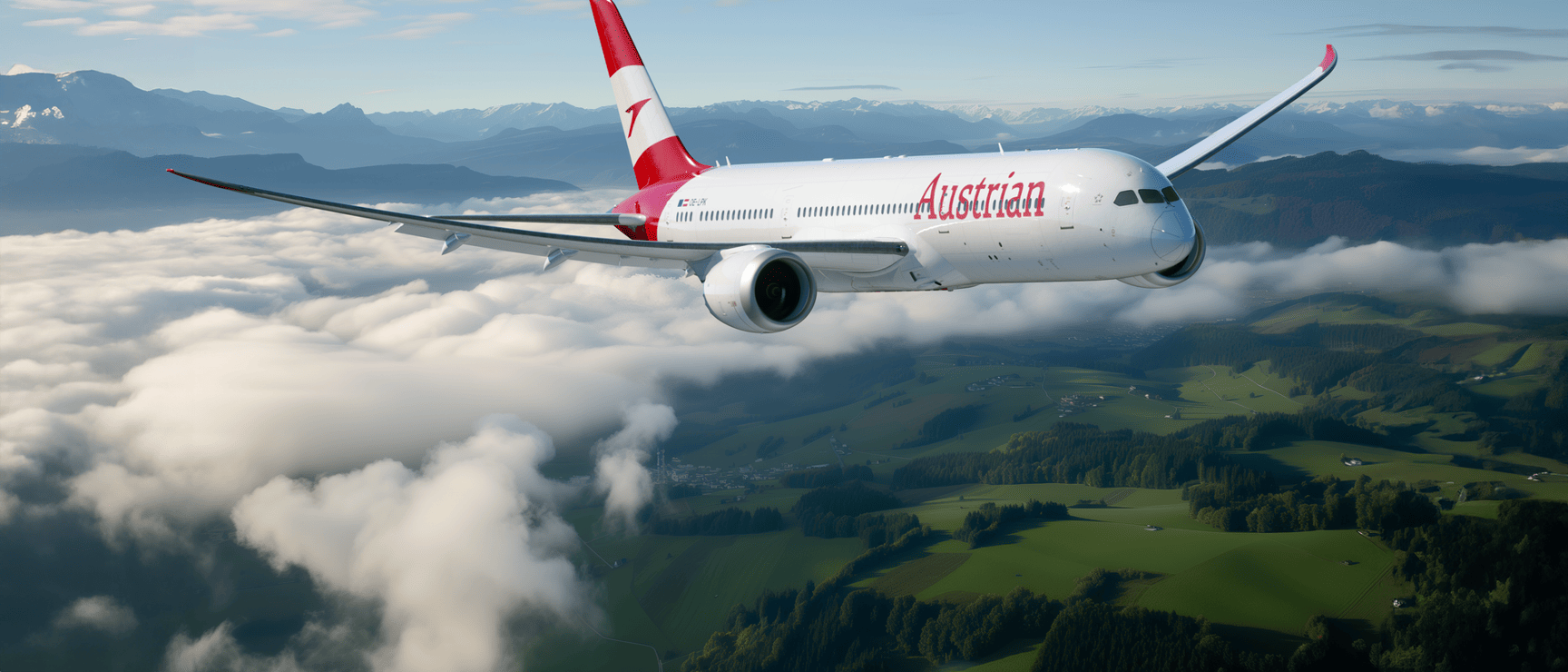 Austrian Airlines aircraft flying over alpine landscape with clouds, green fields and snow-capped peaks in the background.