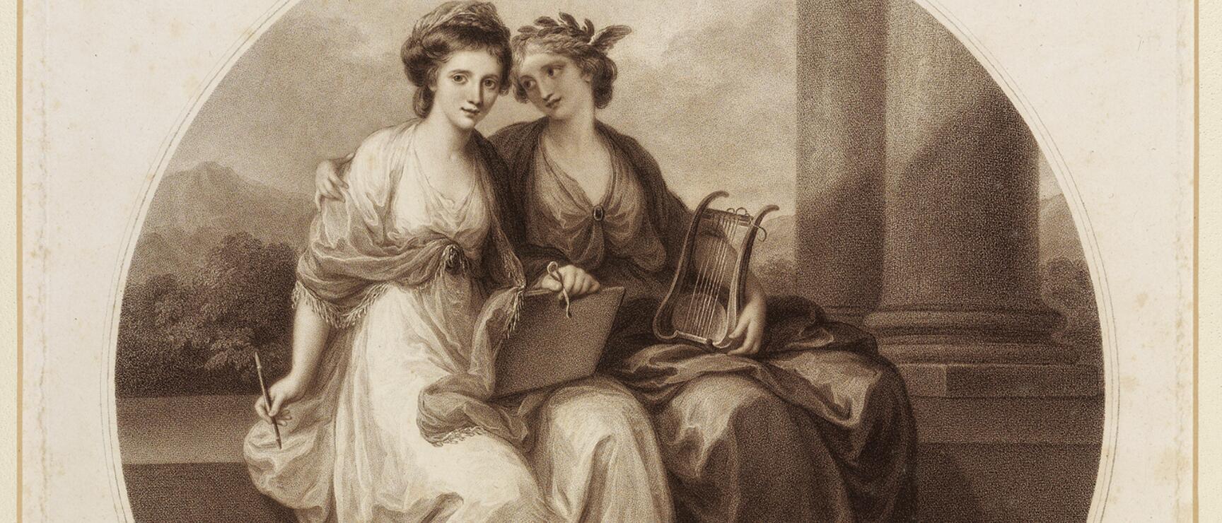 Copper engraving: two women in ancient garments, one with a lyre. Inscription "Angelica Kauffman with the Muse Clio".