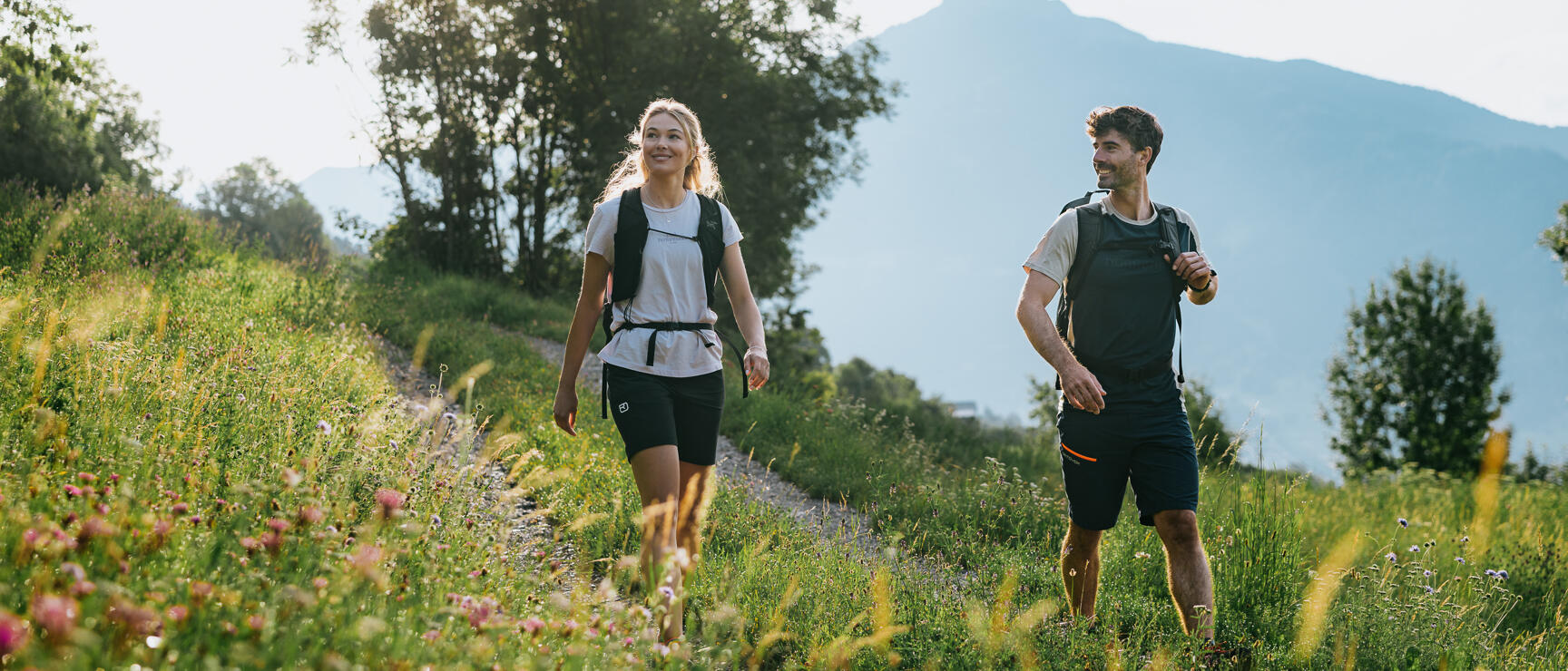 Two hikers with backpacks on a meadow path, wildflowers, trees and mountain peak in background.