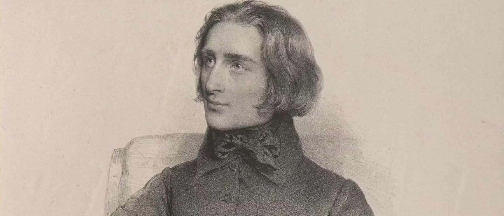 Lithograph: Portrait of a young man with a necktie, seated. Signed 'F. Liszt', dated 1838.